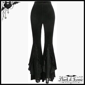 High Waist Velvet Flare Pants with Lace Trim, Stretch Polyester Blend